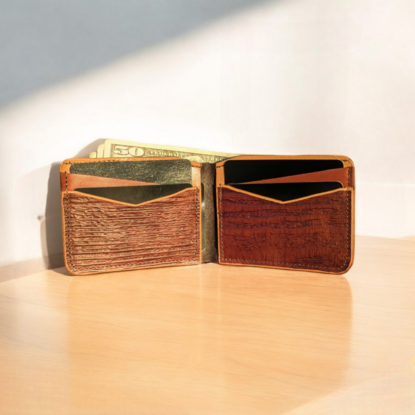 Wood Grain Leather Bifold Wallet